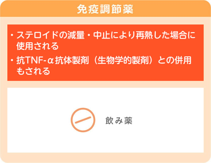 免疫調節薬・症状を抑えながらステロイドの減量・中止を可能にする・寛解の維持にも有用・生物学的製剤との併用もされる