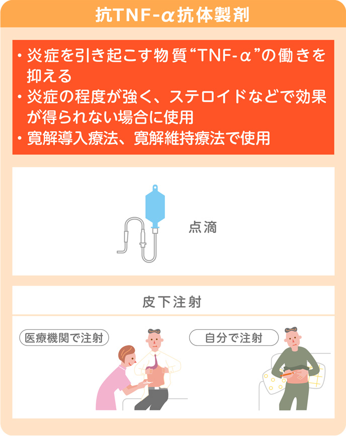 抗TNF-α抗体製剤・炎症を引き起こす物質TNF-αの働きを抑える・炎症の程度が強く、ステロイドなどで効果が得られない場合に使用・寛解導入療法、寛解維持療法で使用