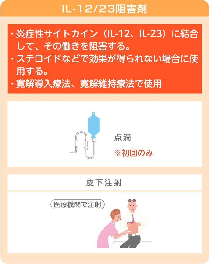 IL-12/23阻害剤・炎症性サイトカイン（IL-12、IL-23）に結合して、その働きを阻害する。・ステロイドなどで効果が得られない場合に使用する。・寛解導入療法、寛解維持療法で使用